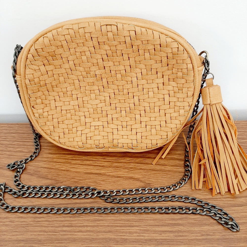 Antik Craft Tan Woven Crossbody Bag with Tassel